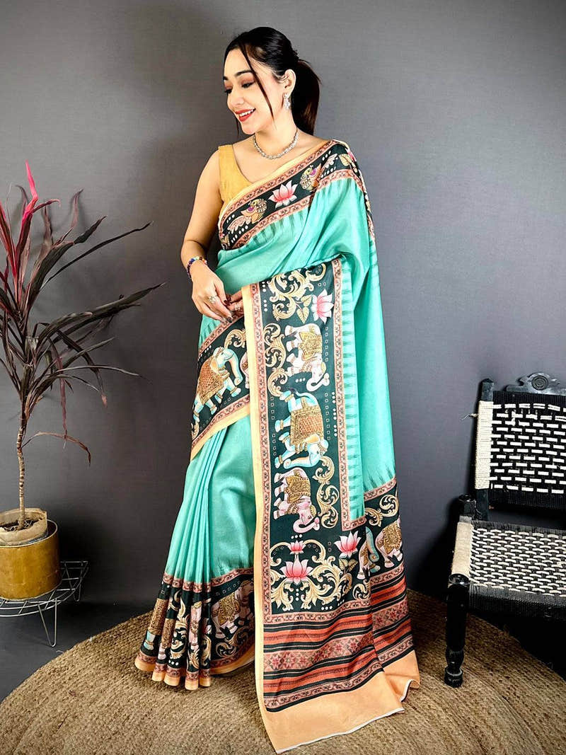 Turquoise Tanjore Elephant Tussar Saree