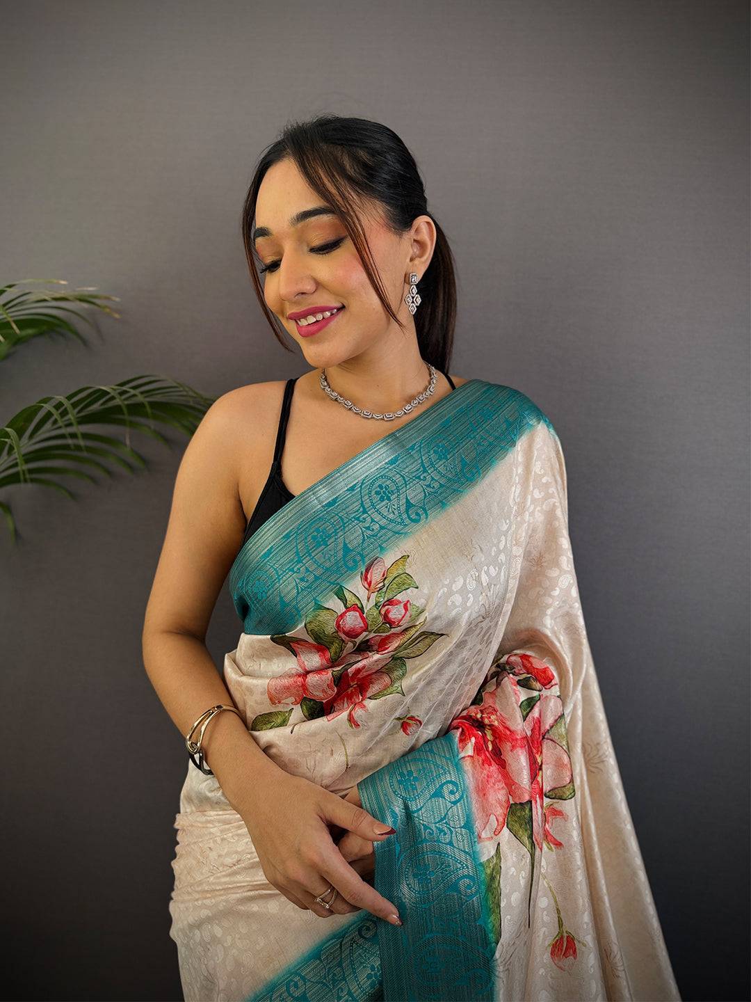 Light Cream Digital Print Soft Dola Silk Saree