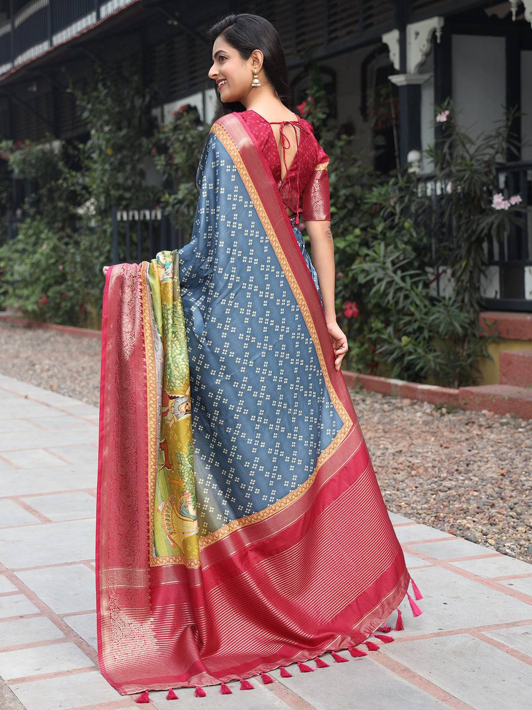 Blue Pure Viscose Dola Silk Saree with Bhandhej Print 