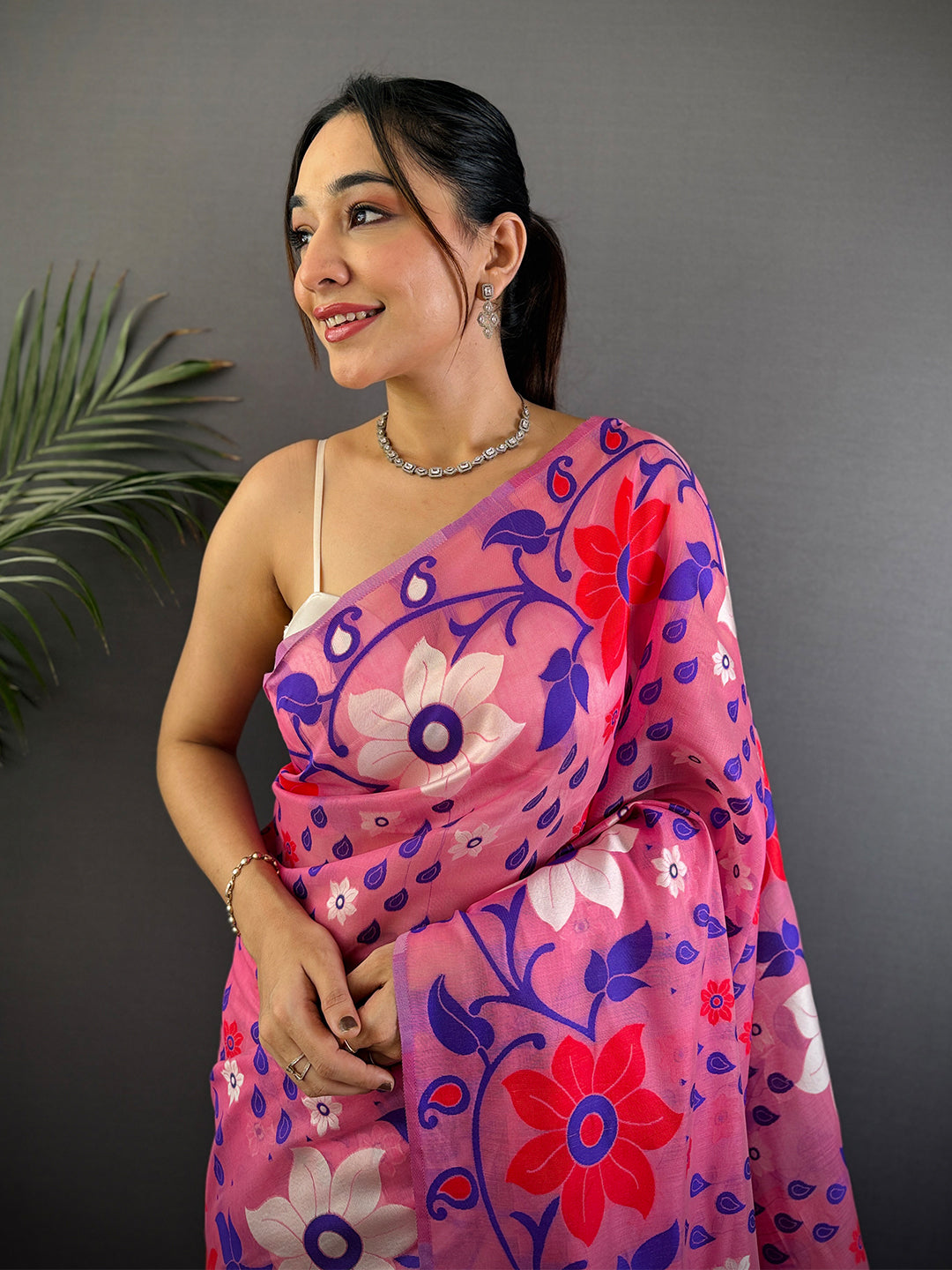 Rose Pink Dhakai Jamdani Cotton Silk Saree