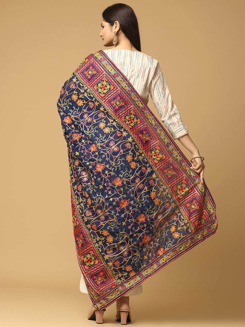 Navy Floral Border Pashmina Dupatta