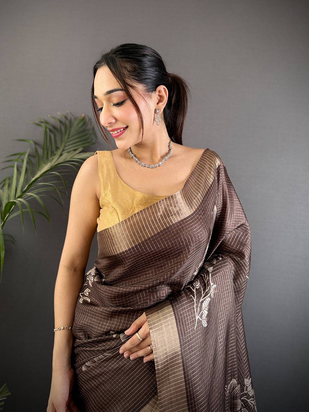 Floral Printed Coffee Brown Chanderi Saree