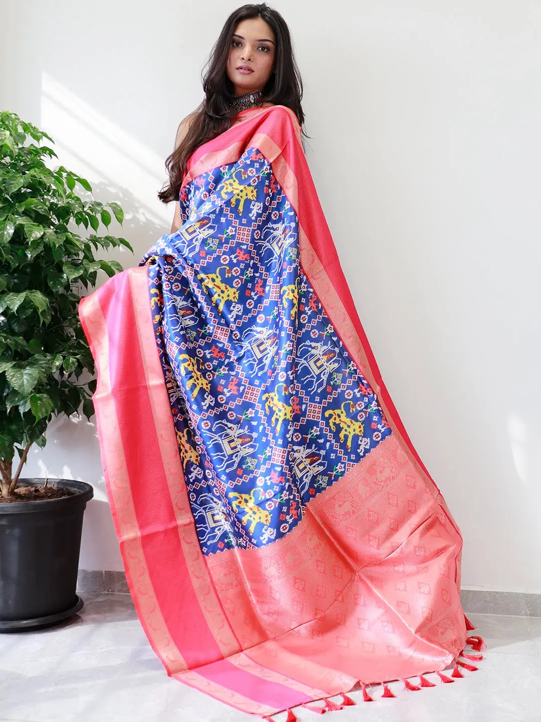 Vibrant Soft Silk Saree with Gadwal Border and Pochampally Print.