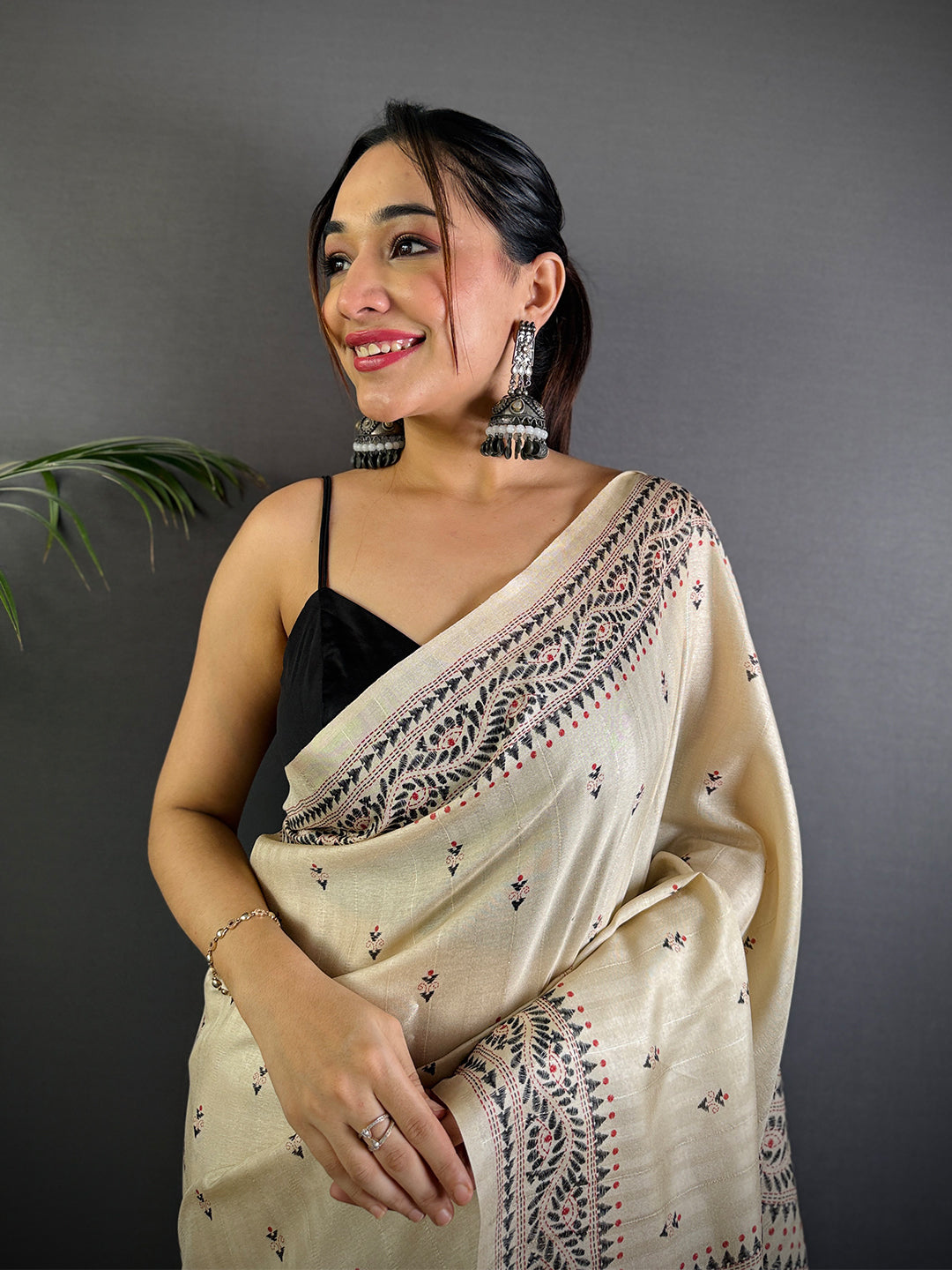 Cream Tussar Silk Madhubani Print Saree