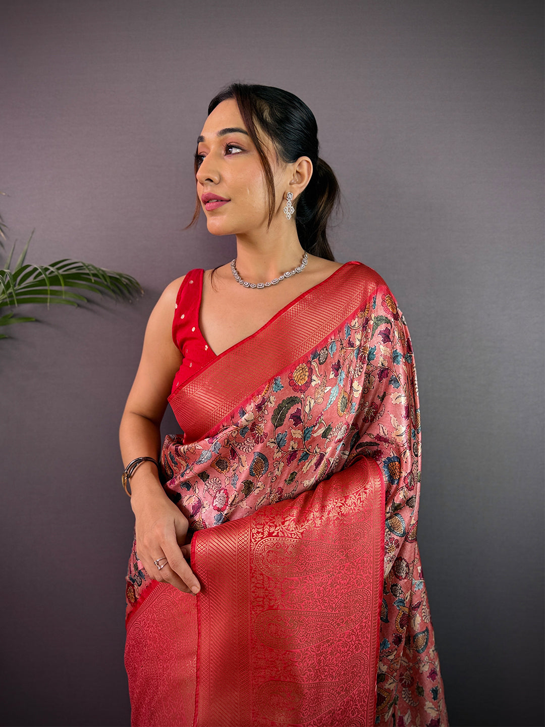 Lavender Cherry Satin Kalamkari Saree