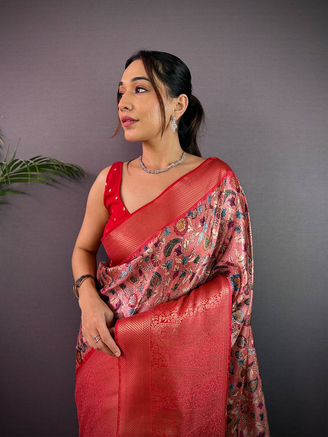 Lavender Cherry Satin Kalamkari Saree