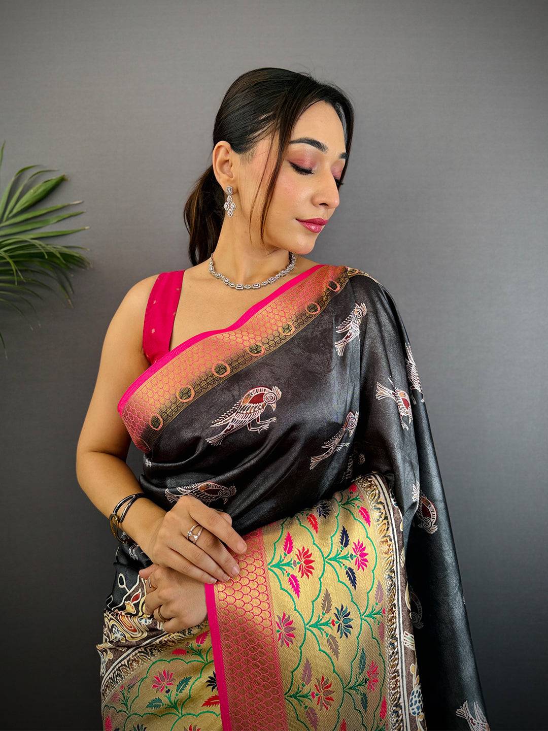 Black Freehand Digital Print Soft Silk Saree