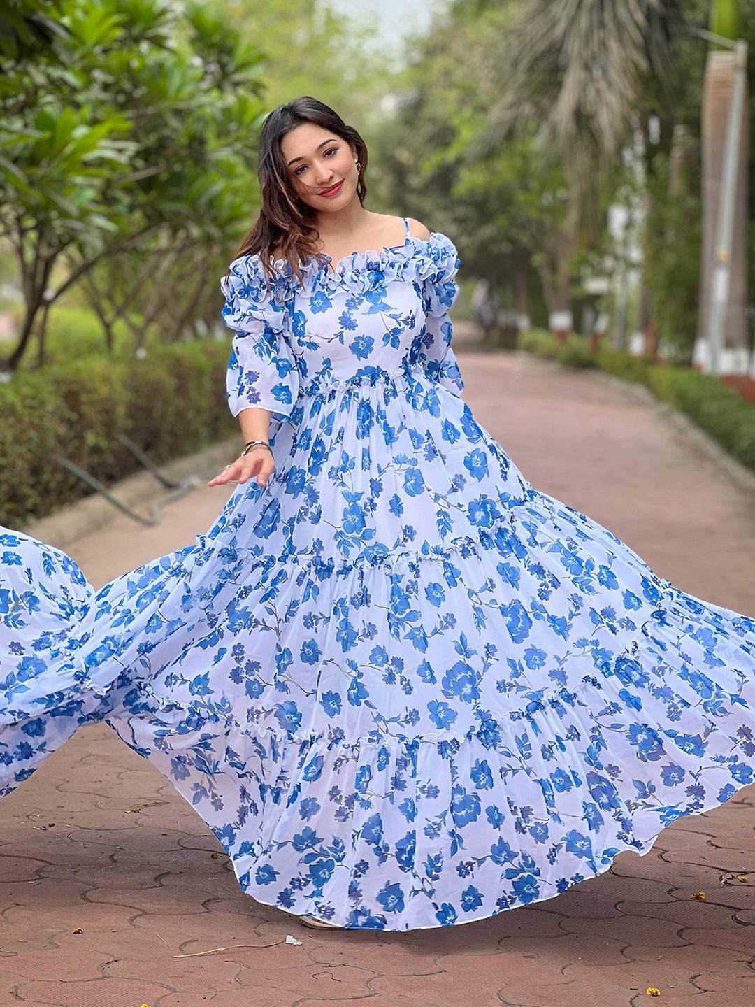 Elegant White Jasmin floral dress twirling motion