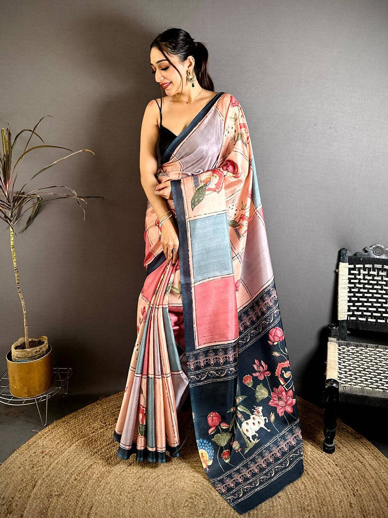 Radiance Tussar Contrast Kalamkari Pallu Saree