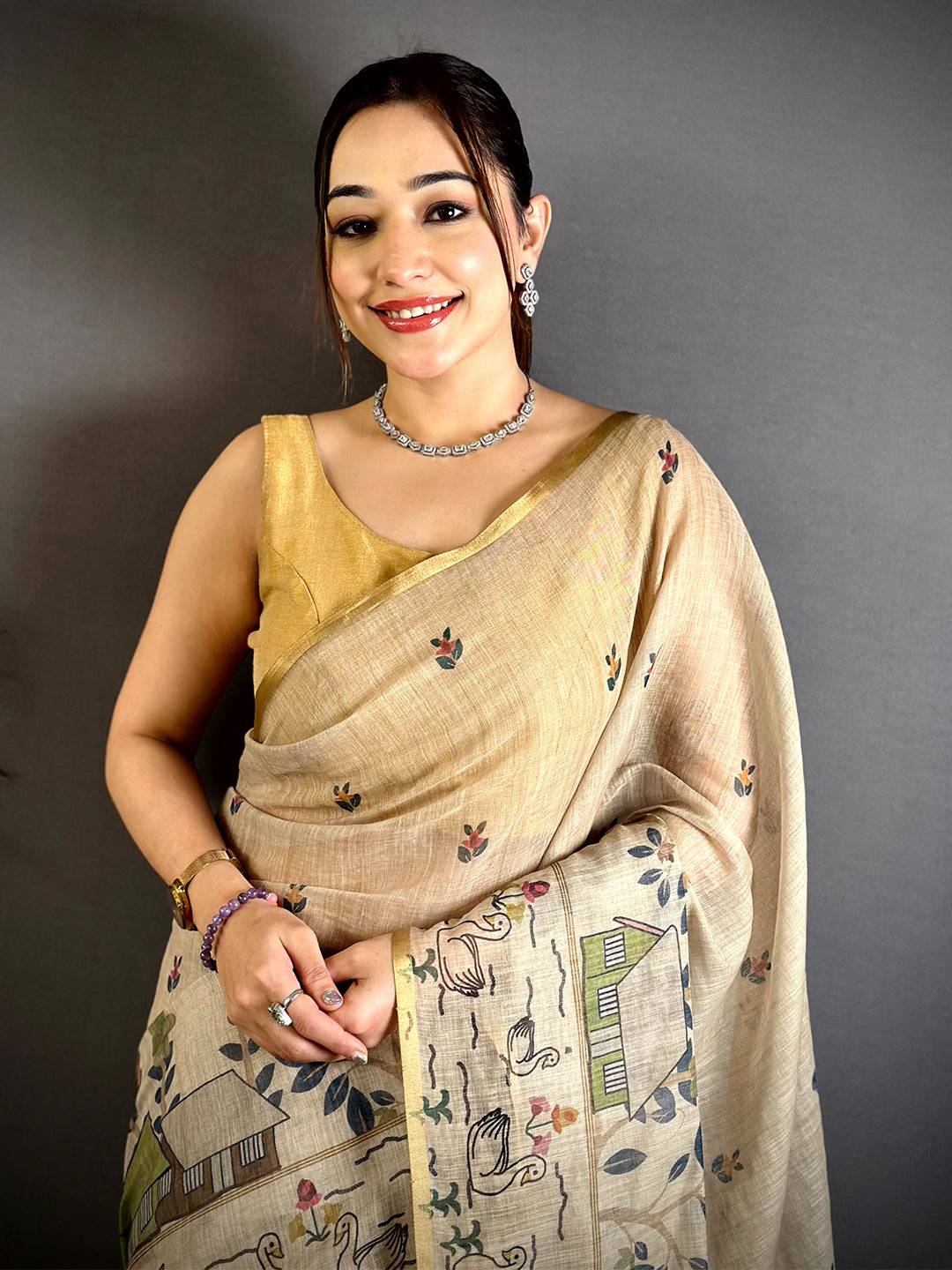 Beige Kalamkari Madhubani Print Saree