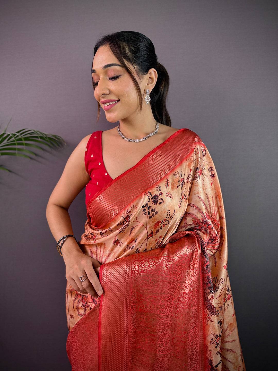 Peach Cherry Satin Kalamkari Saree
