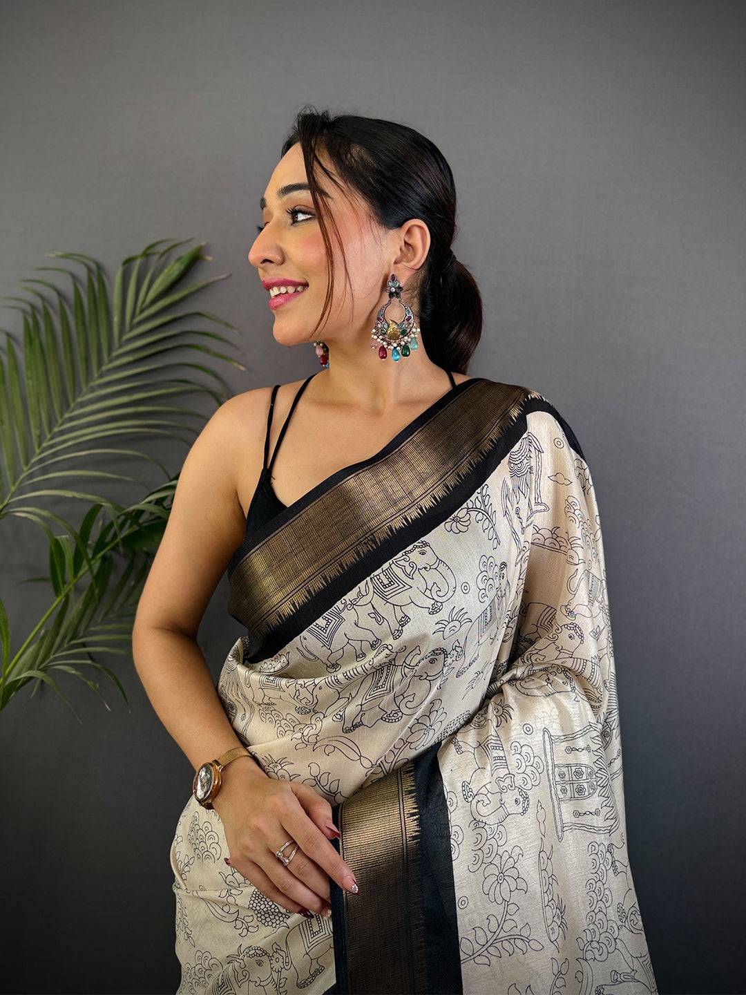 Black Dola Silk Pen Kalamkari Print Saree