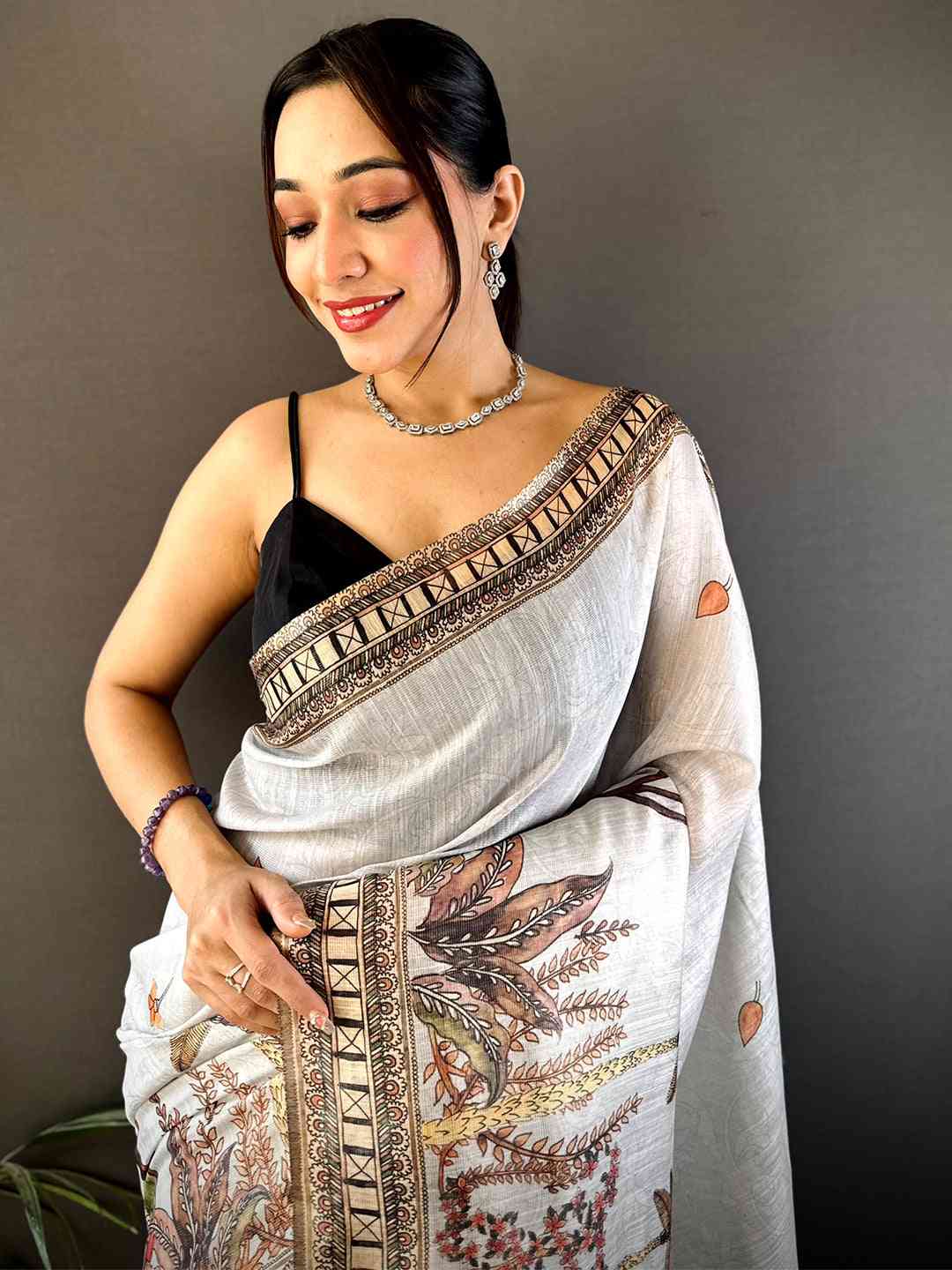 Grey Tussar Floral Leaf Print Saree