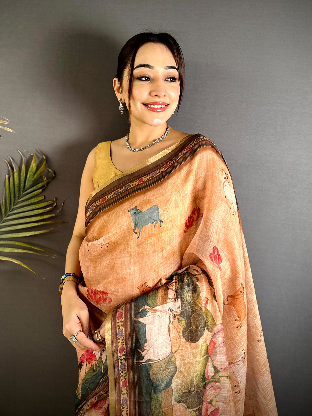 Warm Peach Pichwai Kalamkari Linen Saree