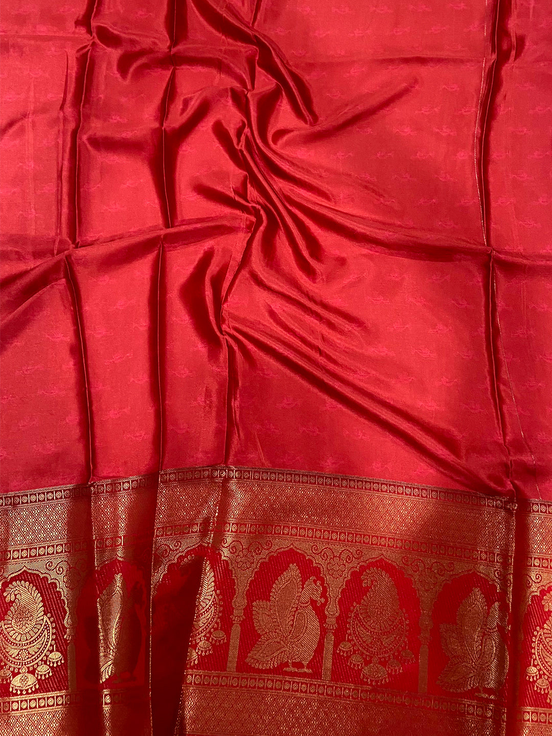 Radiance Soft Cherry Satin Kalamkari Print Saree
