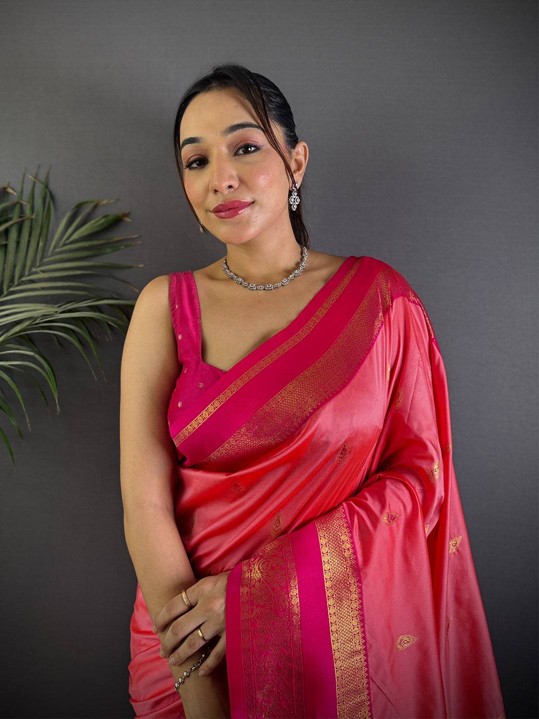 Rose Pink Satin Bentex Soft Silk Saree