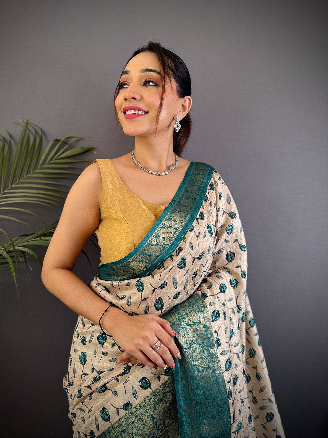 Radiant Leaf Print Soft Dola Silk Saree