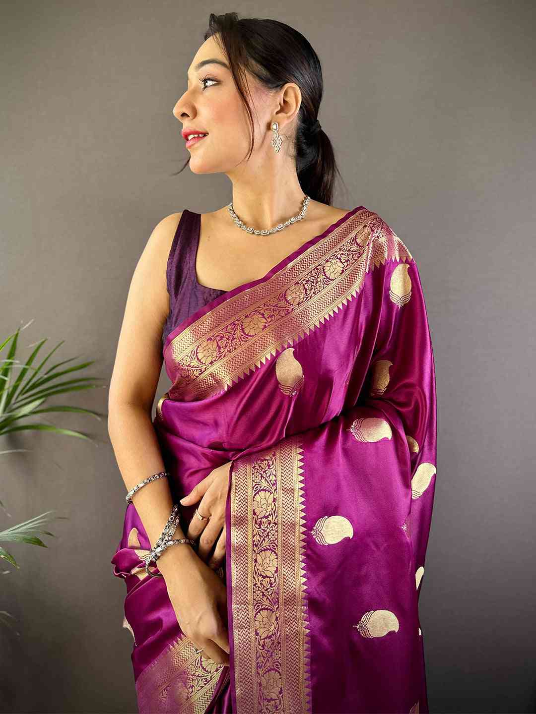Wine Banarasi Soft Satin Masru Mango Silk Saree