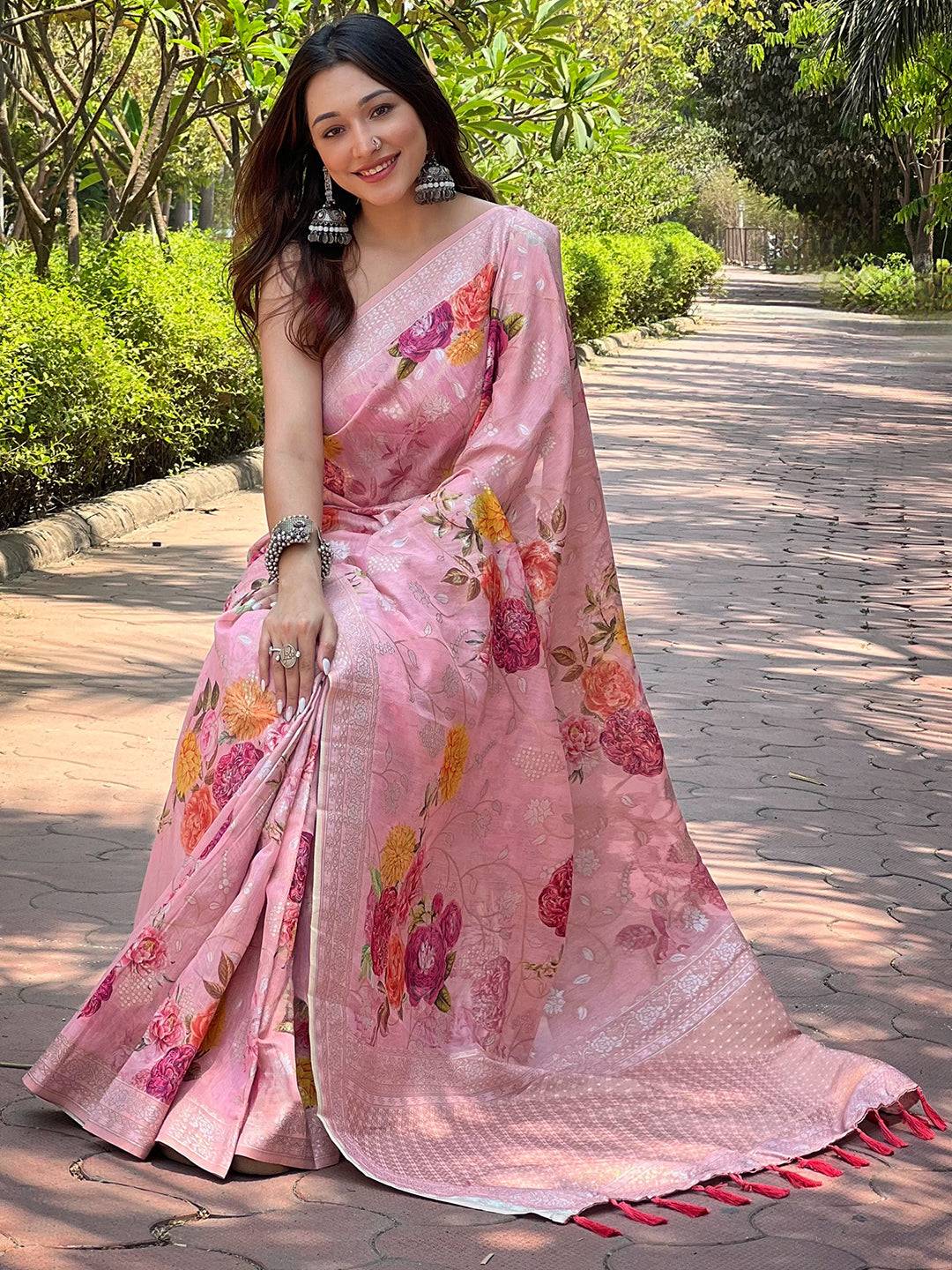 Festive Light Pink Lakhnavi Bandla Zari Weaving Saree