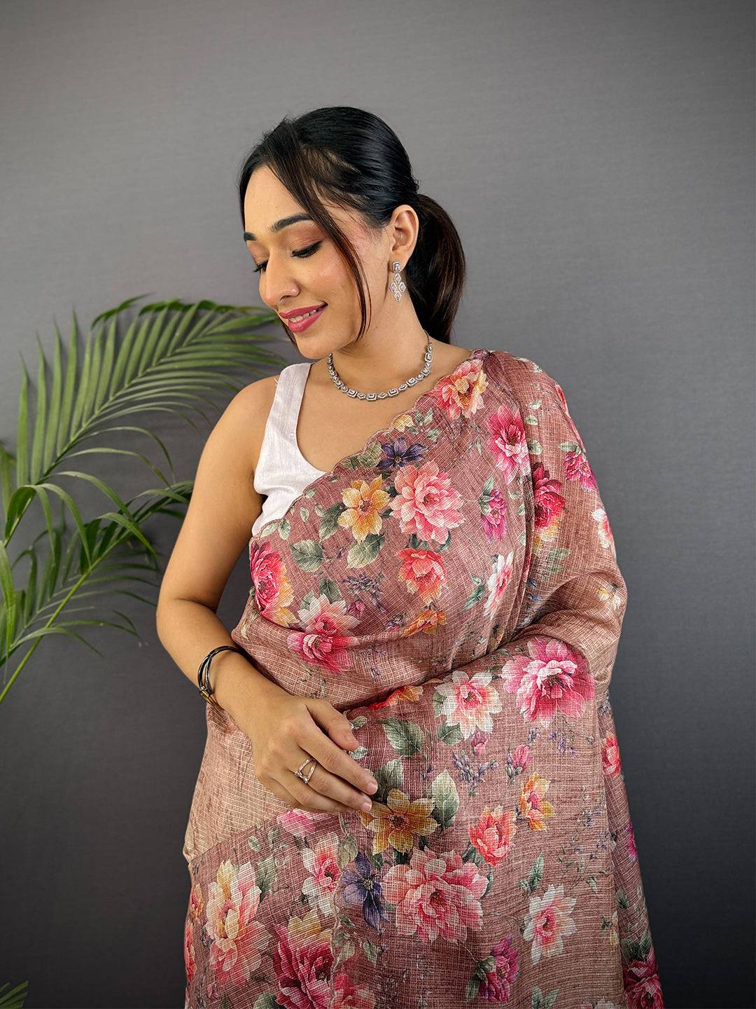 Light Brown Kota Doriya Floral Cut Work Saree