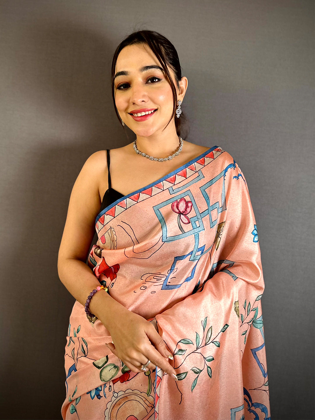 Peach Semi Tussar Striped Pallu Saree