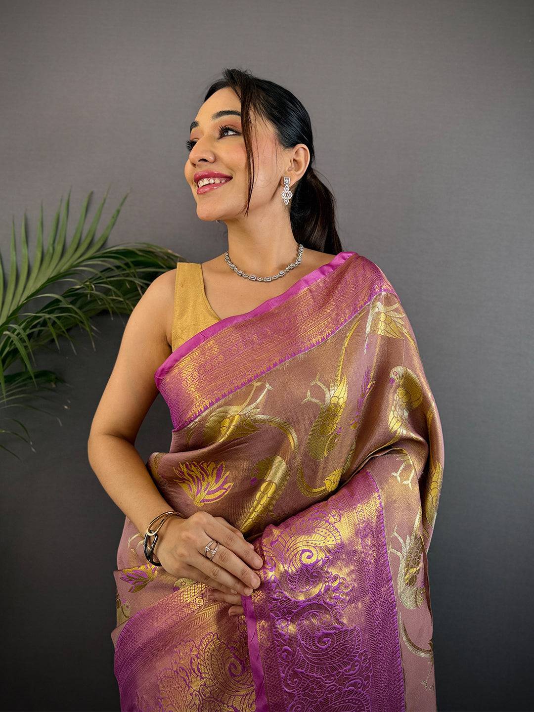 Beige Dharmavaram Gold Birds Print Saree