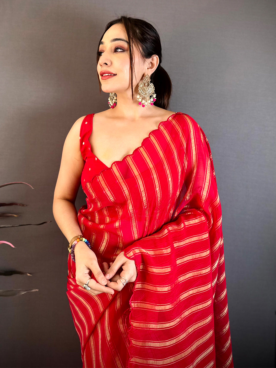 Pink Gold Zari Stripe Chiffon Saree