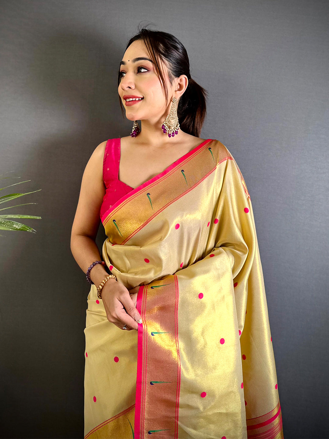 Gream Glass Tissue Yevla Paithani Saree