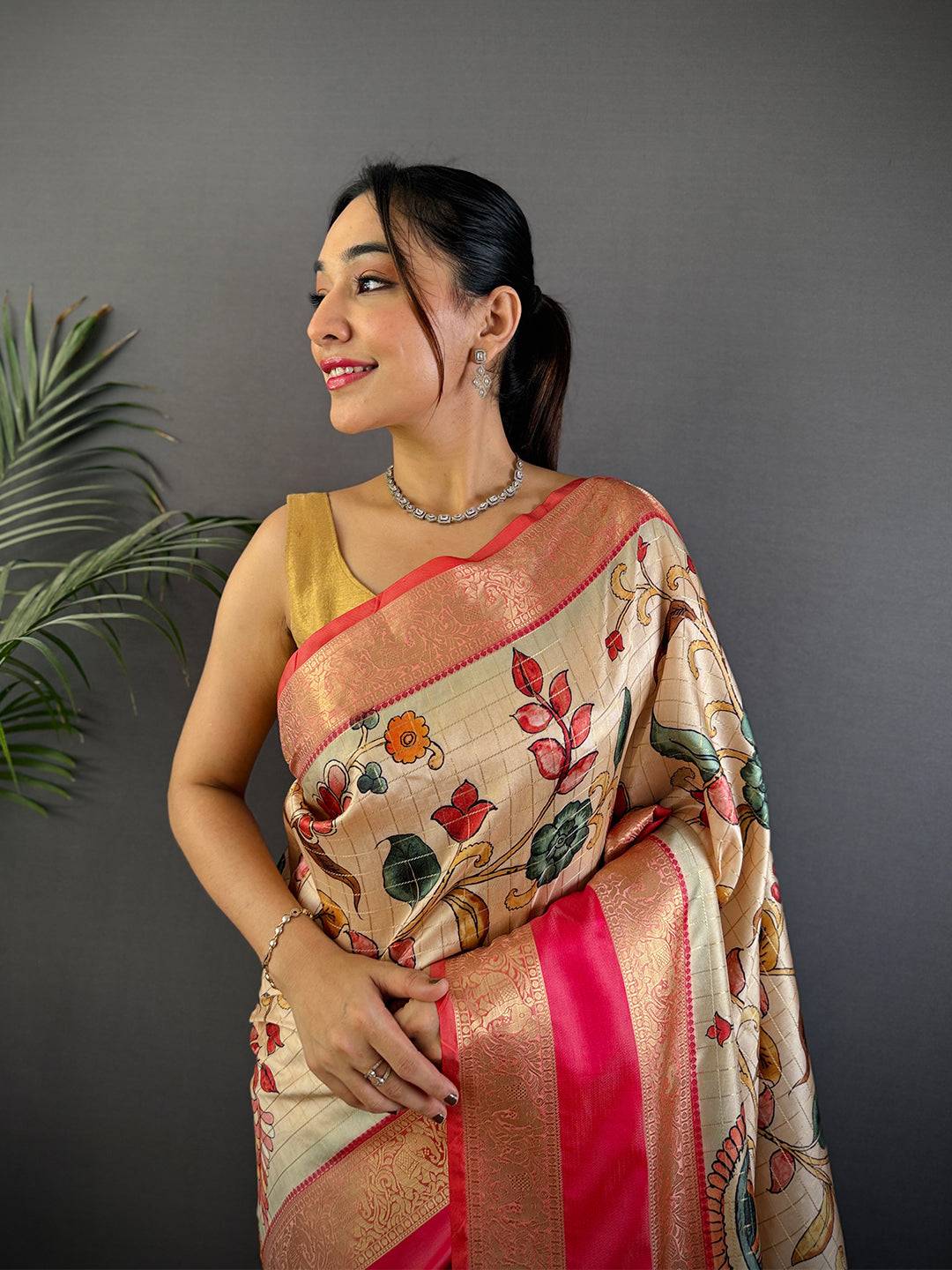 Cream Soft Silk Gadwal Kalamkari Saree