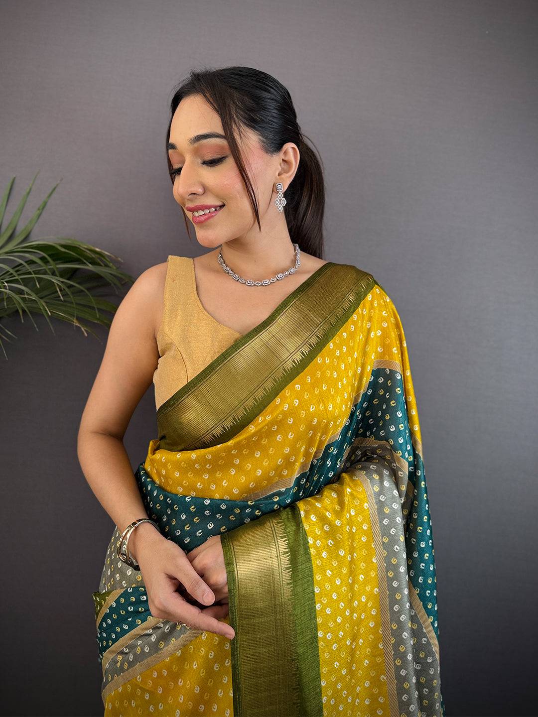 Olive Soft Dola Bandhej Print Saree