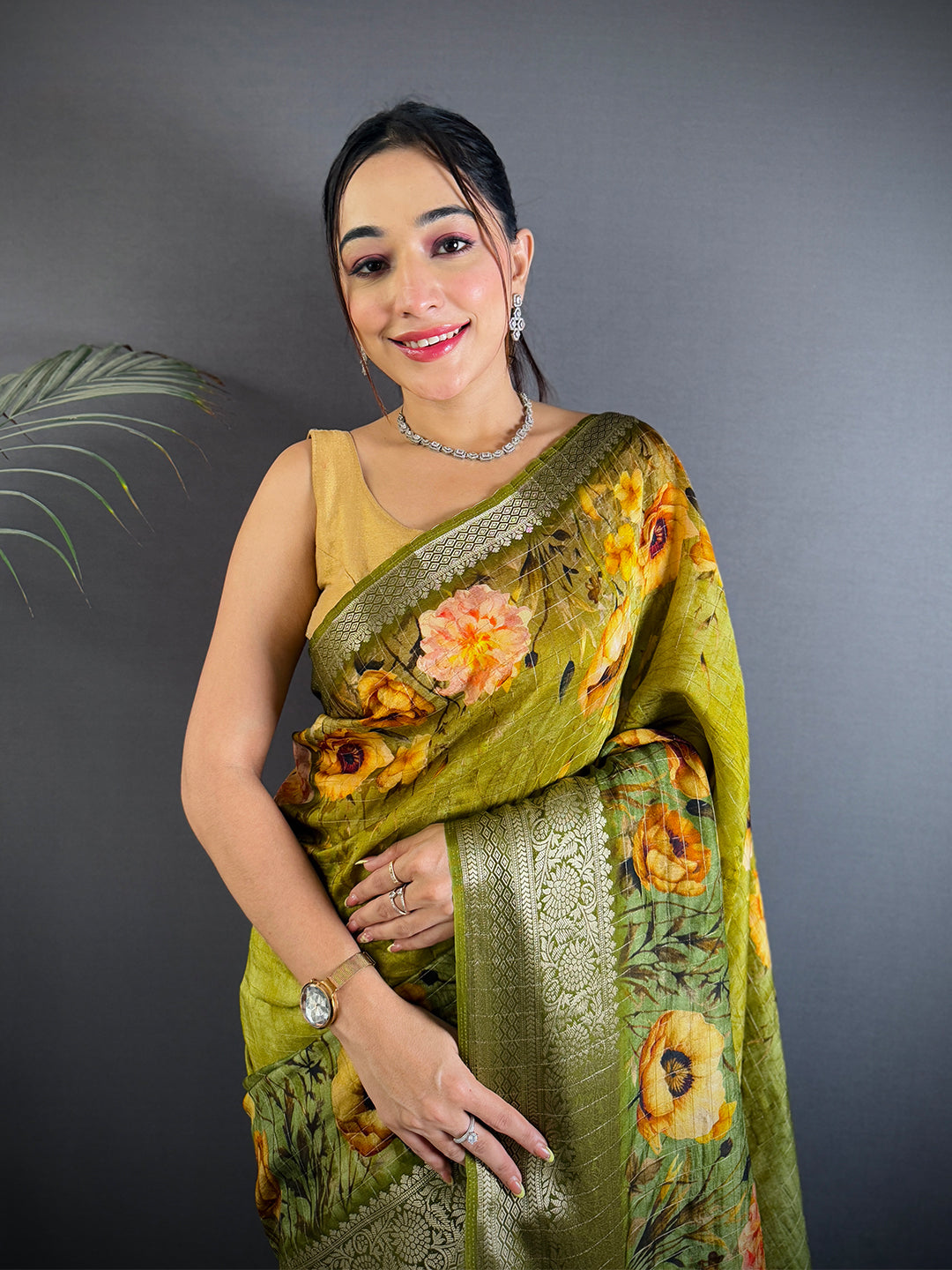 Artistic Olive Green Viscose Floral Saree