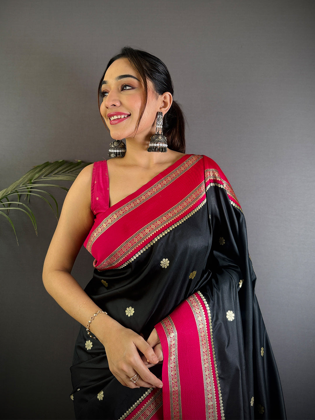Raven Black Soft Silk Floral Butta Saree