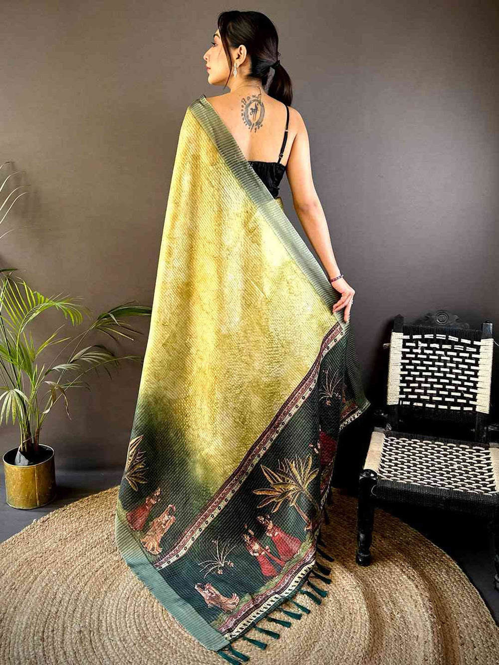 Olive Kalamkari Pichwai Black Check Saree