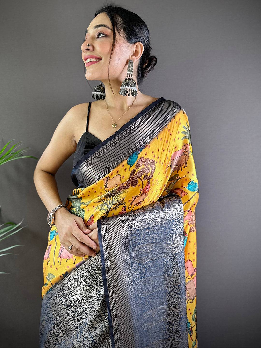 Yellow Satin Pichwai Print Saree