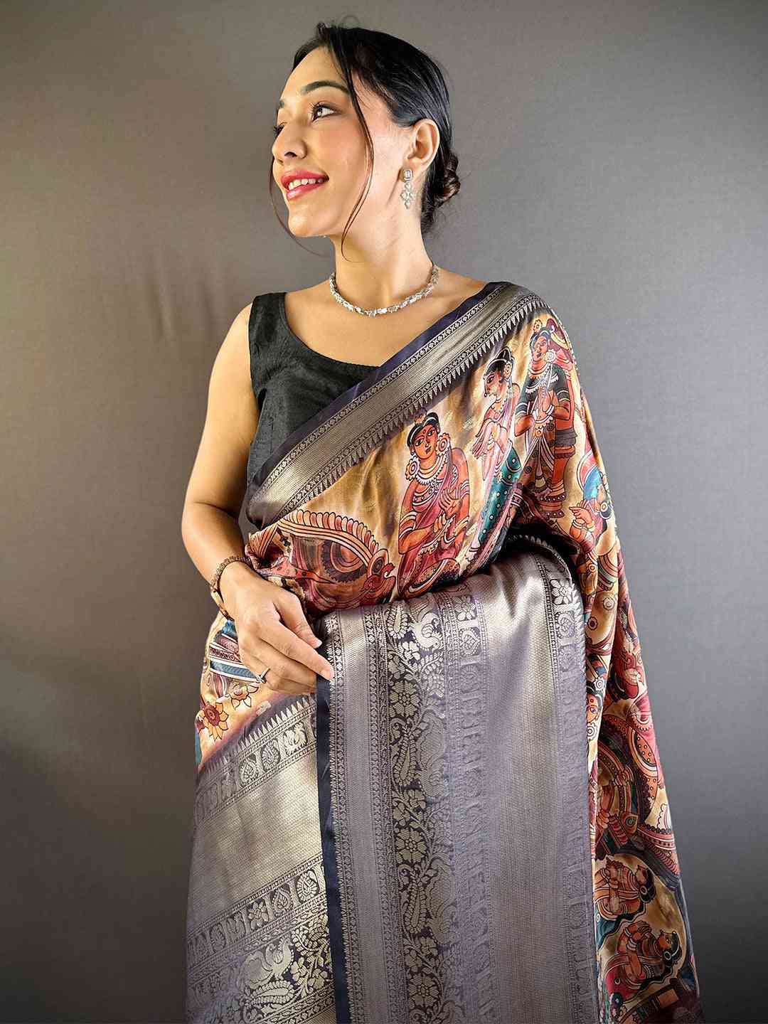 Woman wearing Heritage Bloom Kalamkari Silk Saree