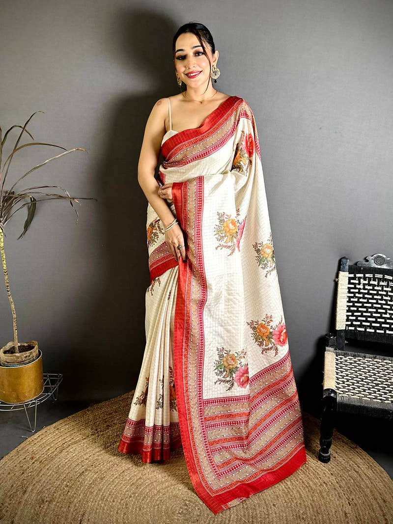 Regal Floral Print Red Border Saree