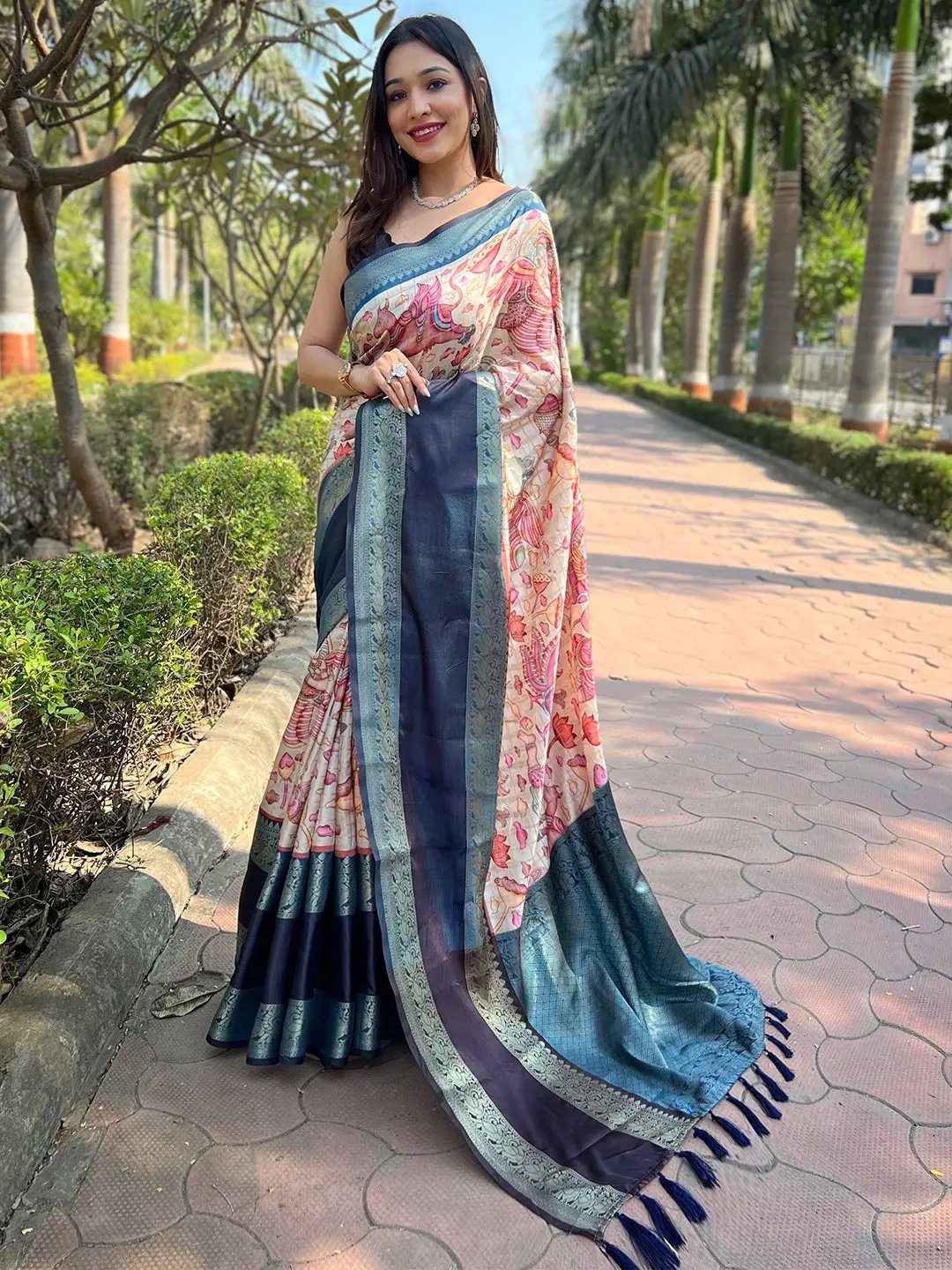 Elegant Banarasi silk saree with blue double border design