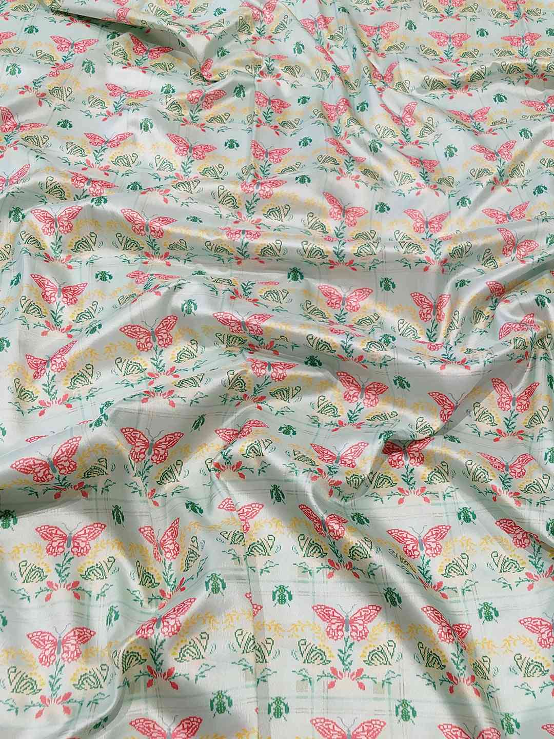 Close-up of Butterfly Printed Kanjivaram Saree Fabric