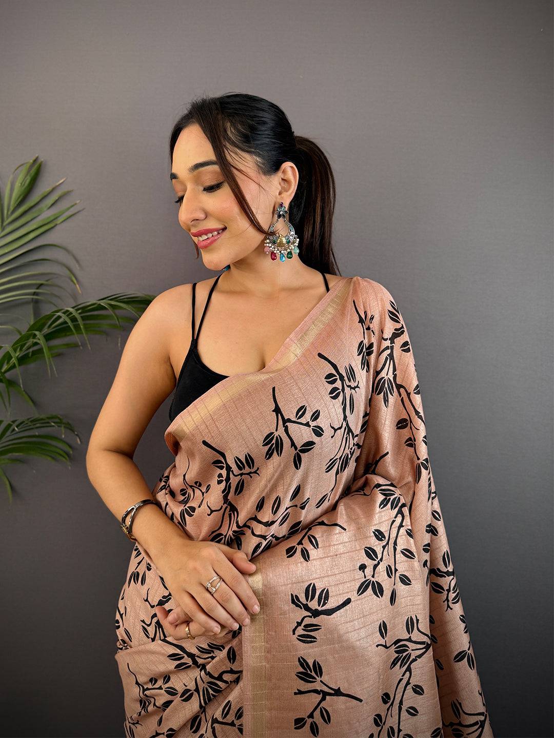 Peach Ghicha Leaf Print Saree