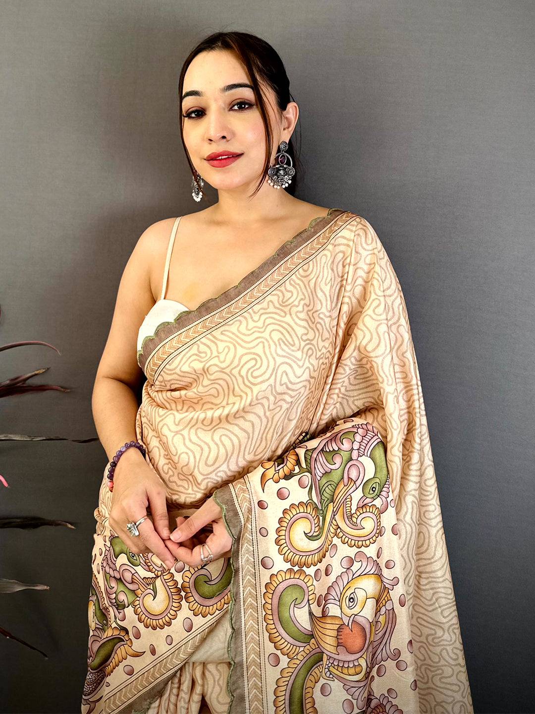 Beige Kalamkari Tussar Cutwork Saree