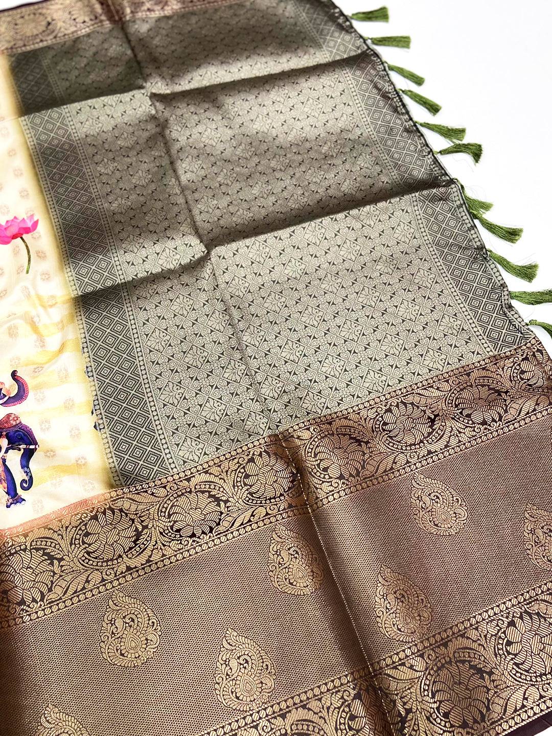 Cream Digital Elephant Motifs Banarasi Saree