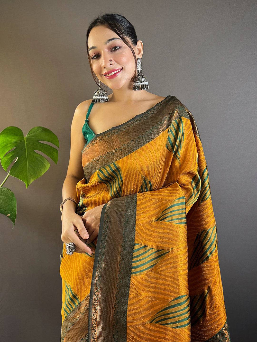 Mustard Tussar Silk Ikkat Saree with Zari Weaving