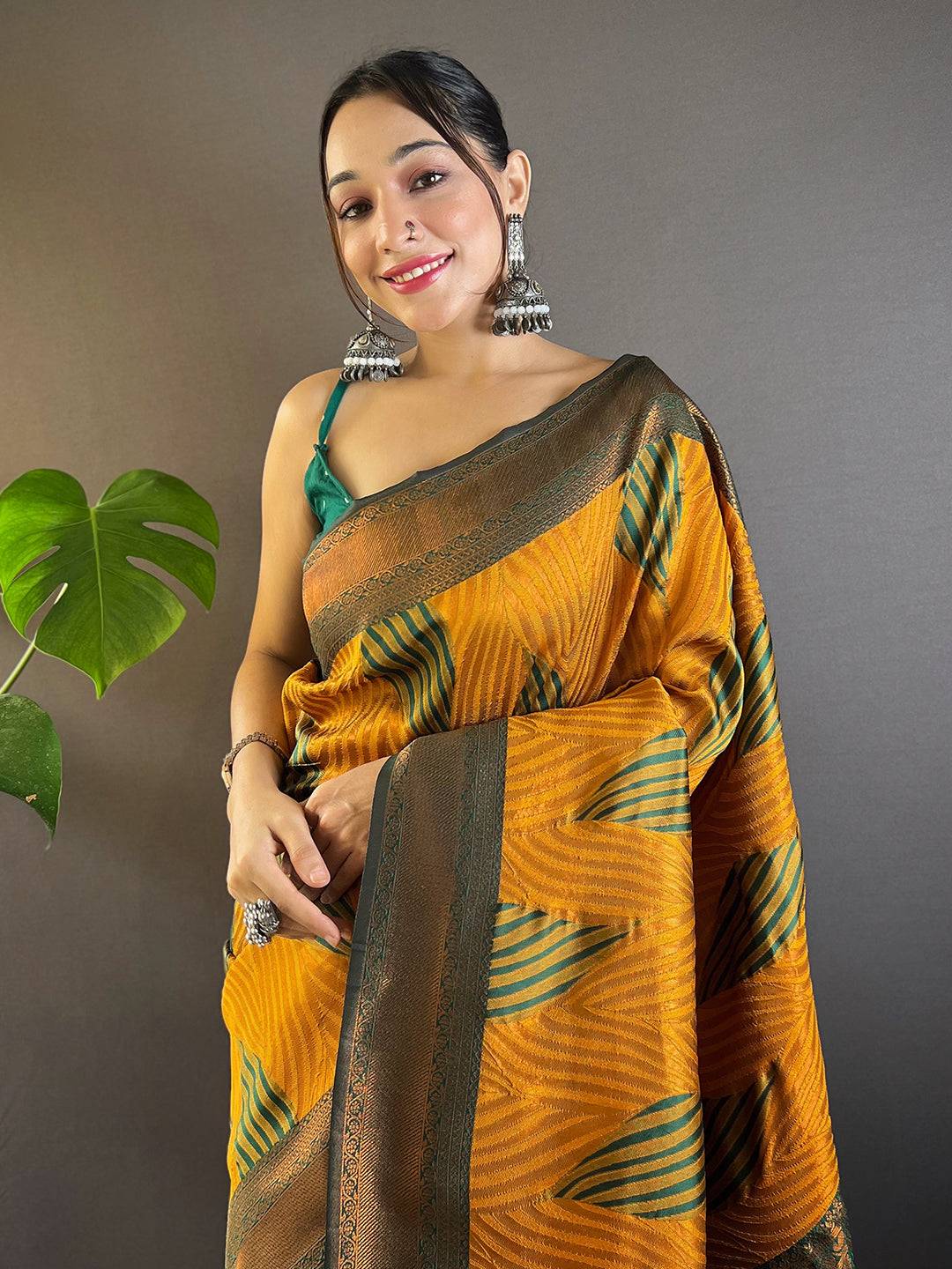 Mustard Tussar Silk Ikkat Saree with Zari Weaving
