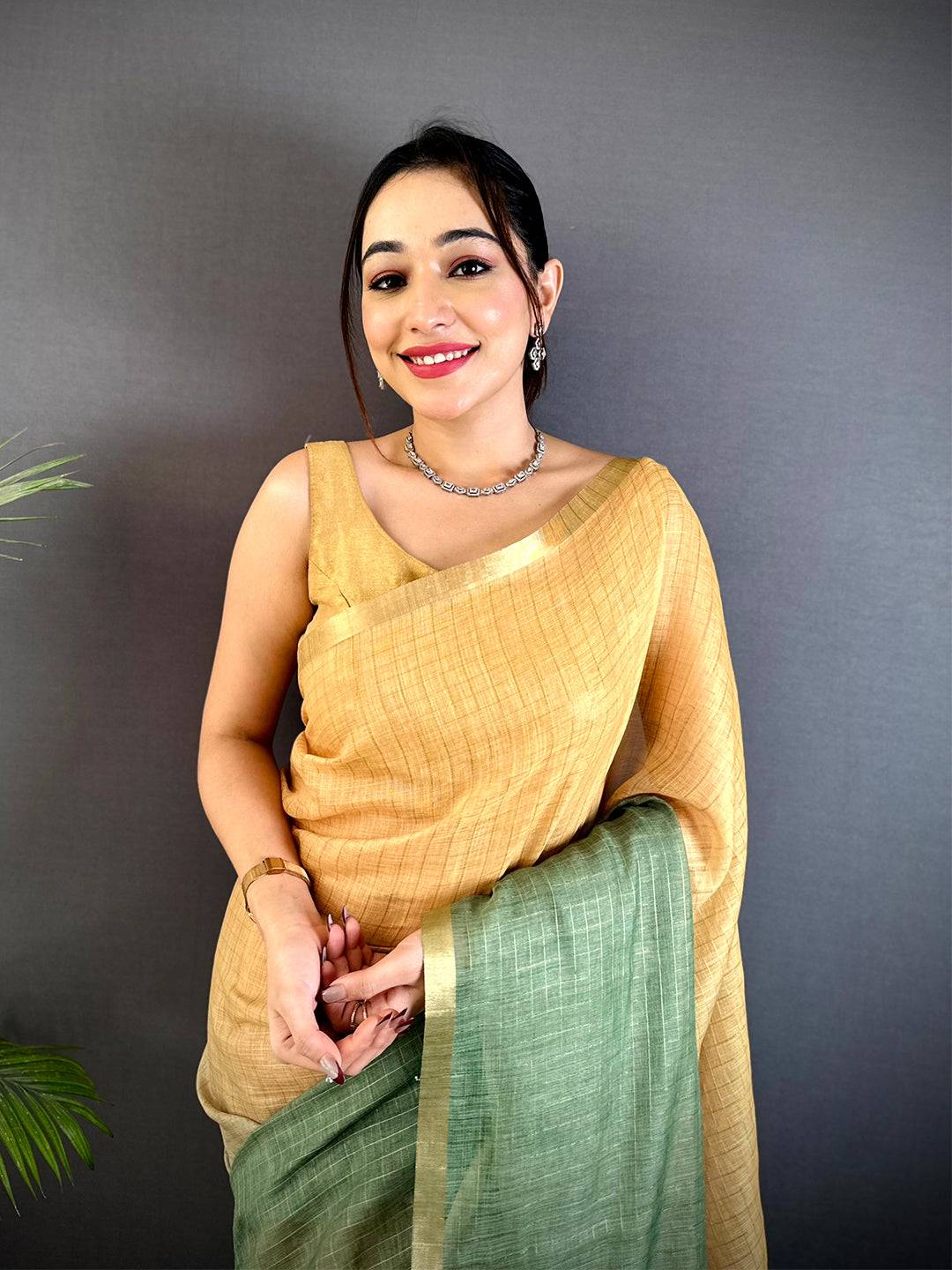 Elegant Linen 90 Zari Check Saree