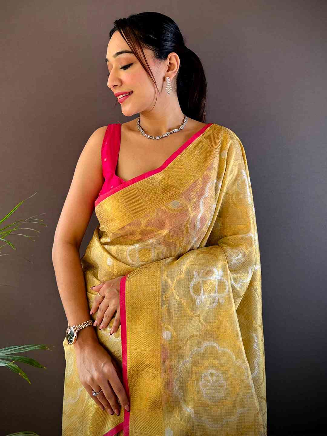 Minakari Floral Saree With Pink Tassels