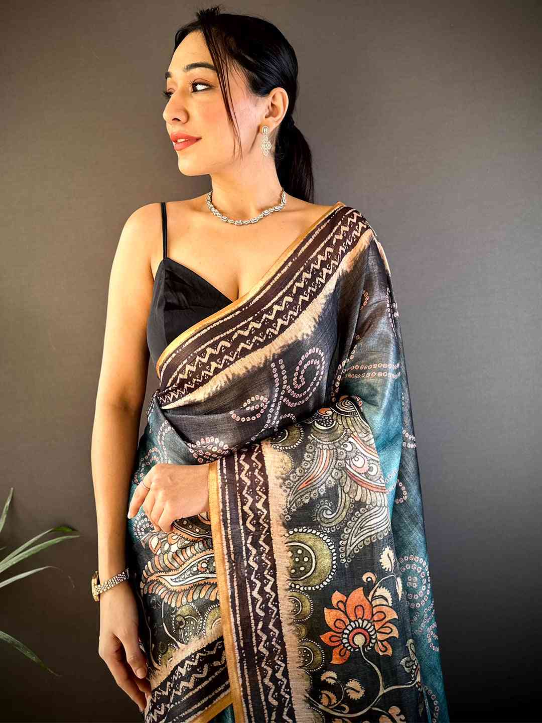 Steel Blue Kalamkari Bandhani Chanderi Saree