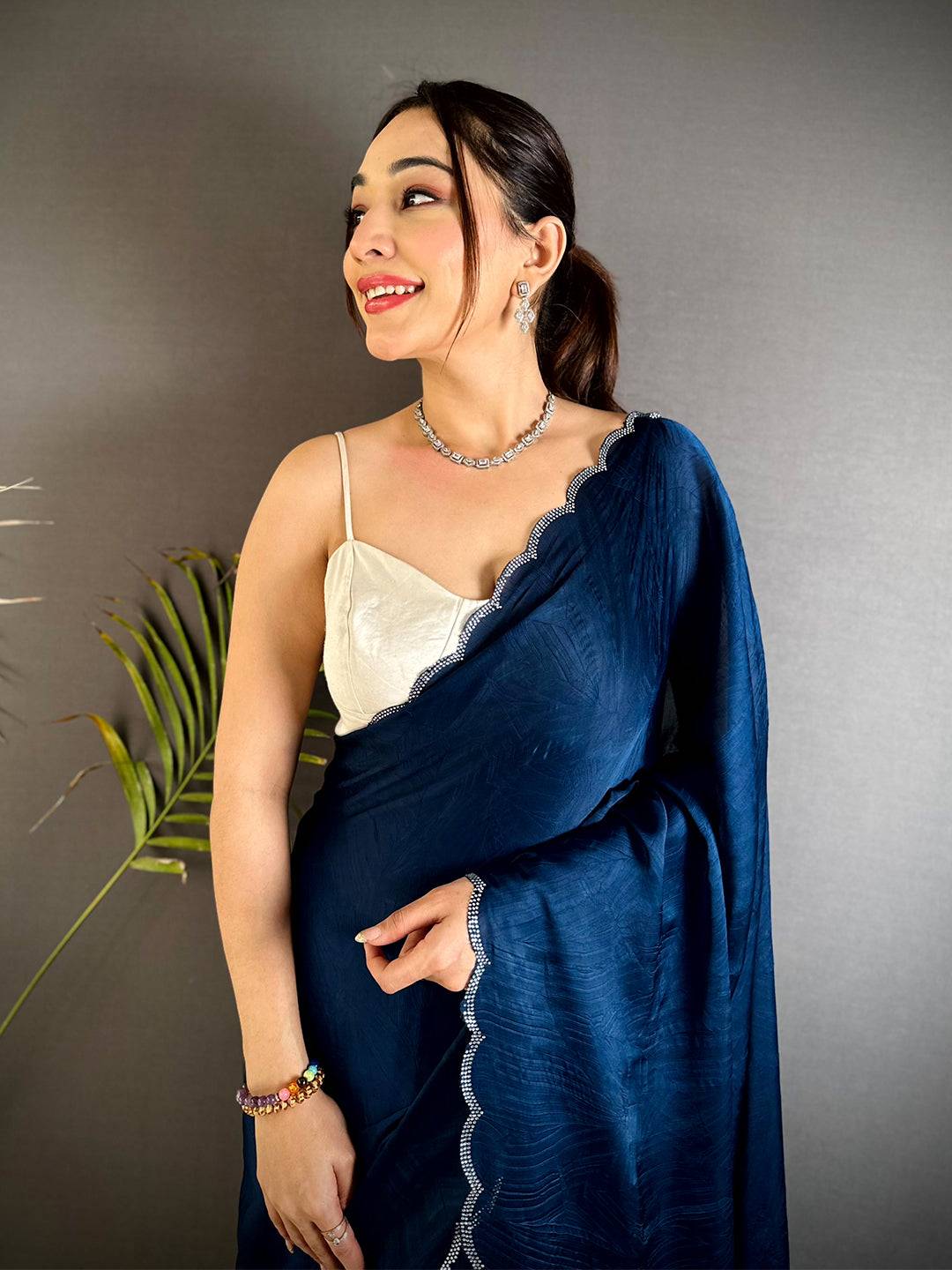 Navy Swarovski Silk Crush Saree