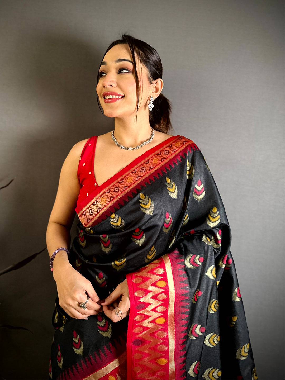Black Ikkat Minakari Soft Silk Saree