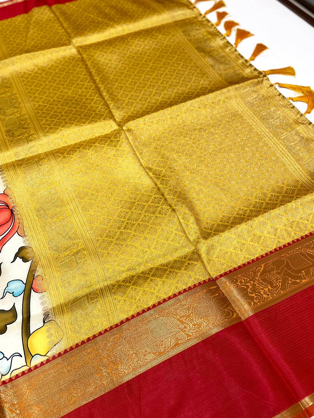 Charming Cream Banarasi Kalamkari Saree
