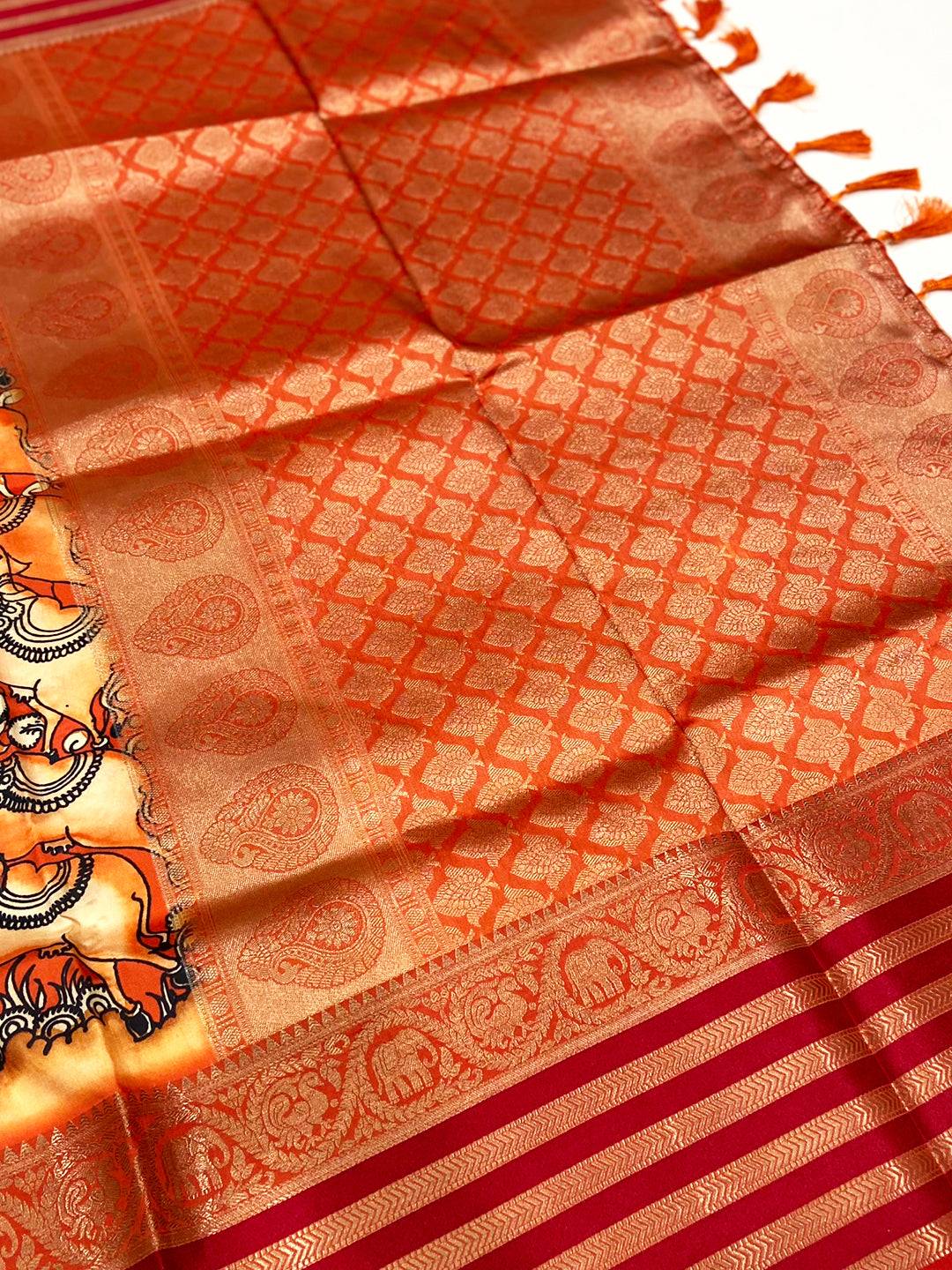 Orange Kalamkari Printed Banarasi Saree